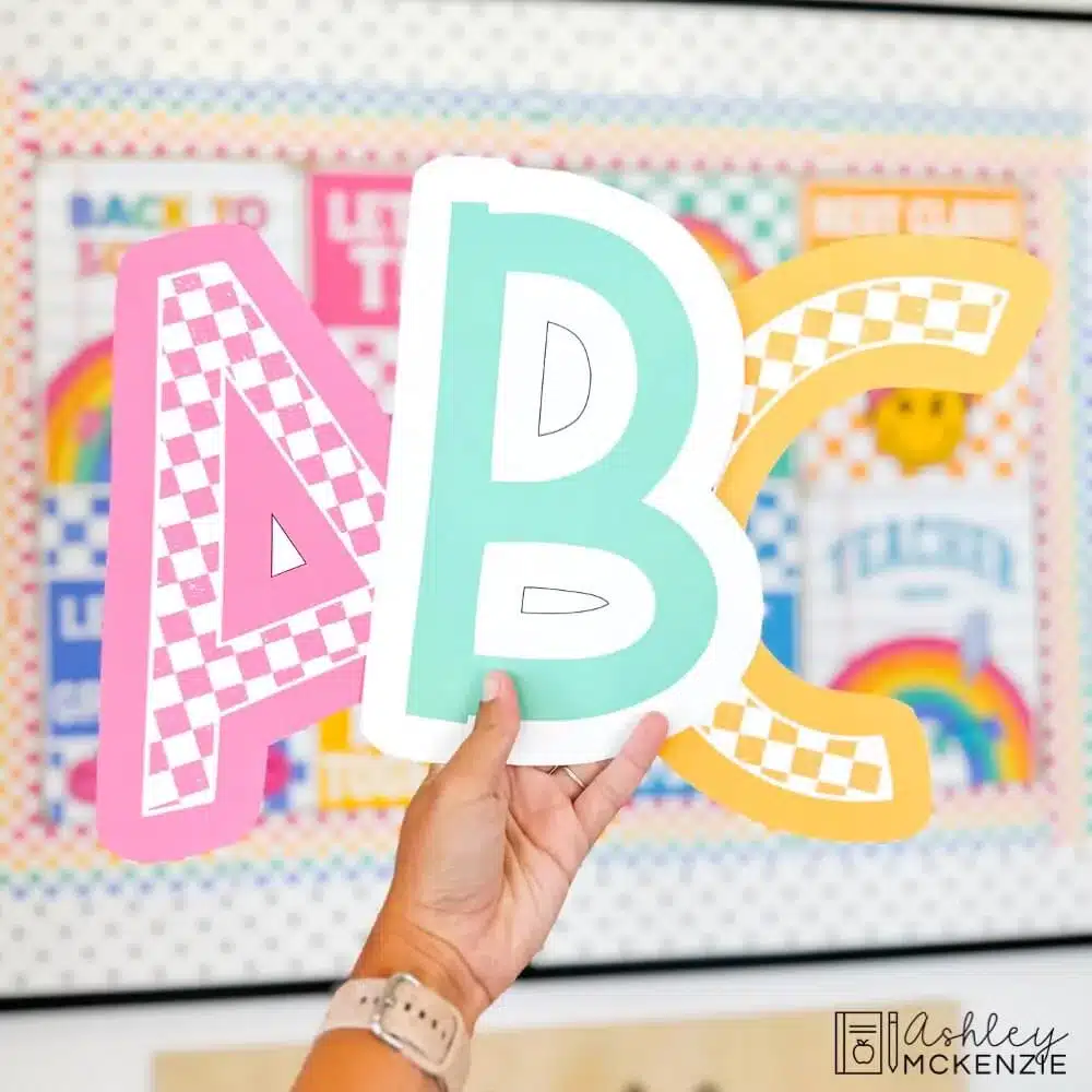 Colorful bulletin board letters are shown featuring bright checkered patterns and a solid turquoise option