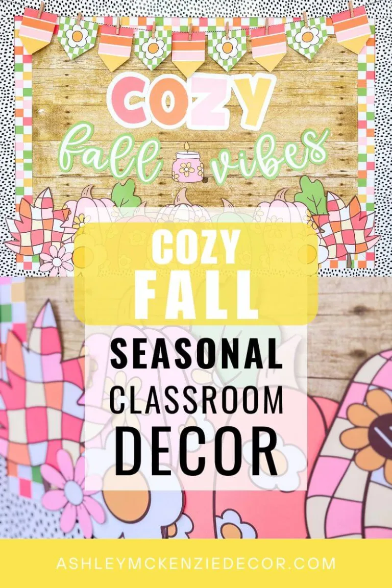 Fall classroom decorations are shown on a classroom bulletin board featuring pumpkin designs and the phrase "cozy fall vibes"