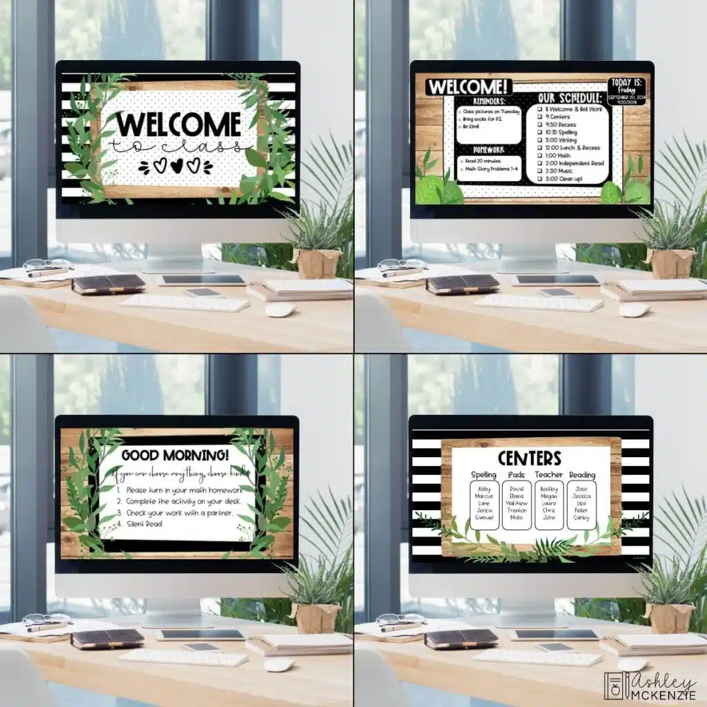 Classroom computers are shown displaying modern farmhouse themed Google Slides Templates