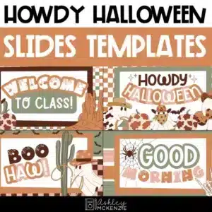 Western Halloween slide templates have designs that feature friendly ghosts in cowboy hats and cow print pumpkins