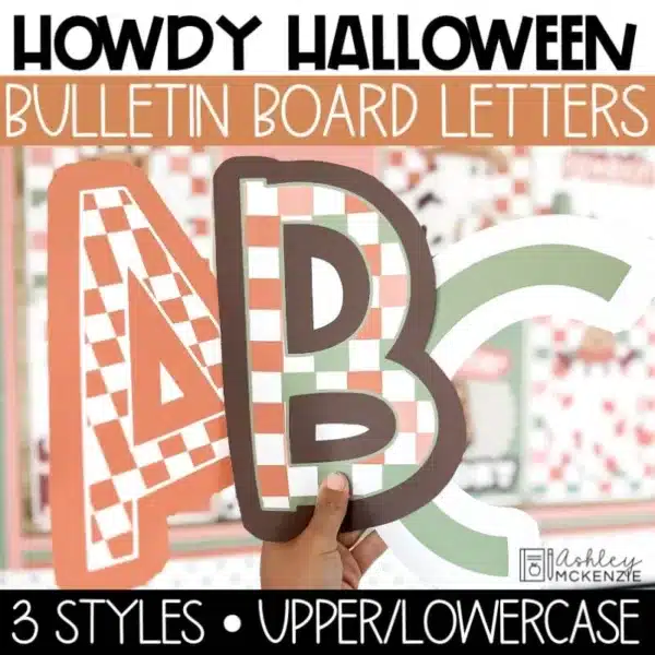 Western Halloween bulletin board letters in festive checkered prints and unique colors