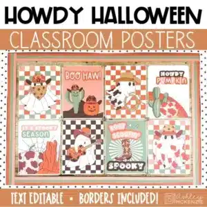 Western Halloween classroom posters are displayed on a bulletin board