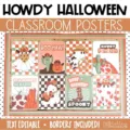 Western Halloween classroom posters are displayed on a bulletin board