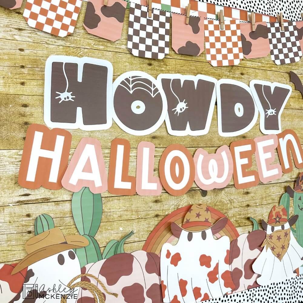 A bulletin board decorated with Western Halloween classroom decor featuring the saying "Howdy Halloween" and cutouts of ghosts wearing cowboy hats, cow print pumpkins, and cactus jack-o-lanterns