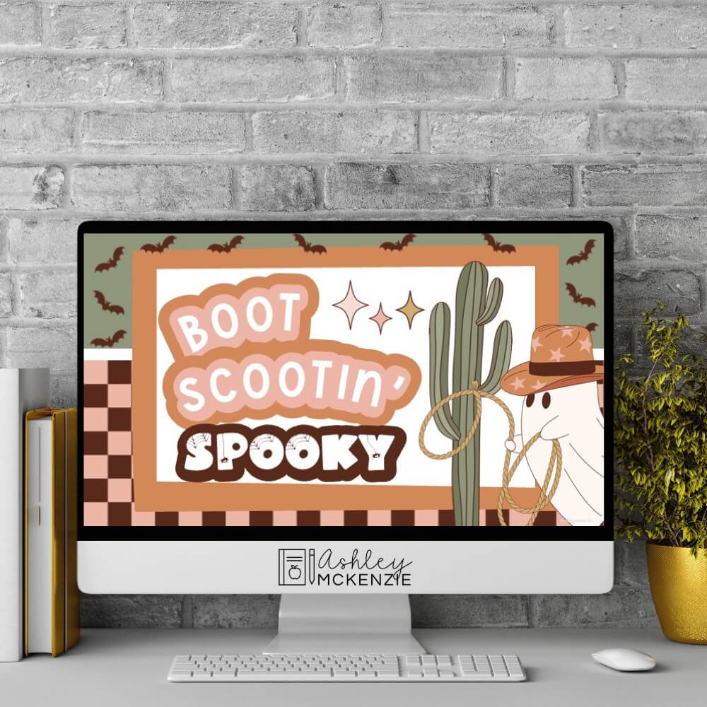 A classroom computer displays Google Slides templates featuring a Western Halloween theme and the saying "Boot Scootin' Spooky."