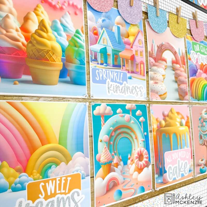 Back to school classroom decor is featured on a bulletin board with 8 colorful posters with motivational sayings and sweet treat designs in pastel colors.