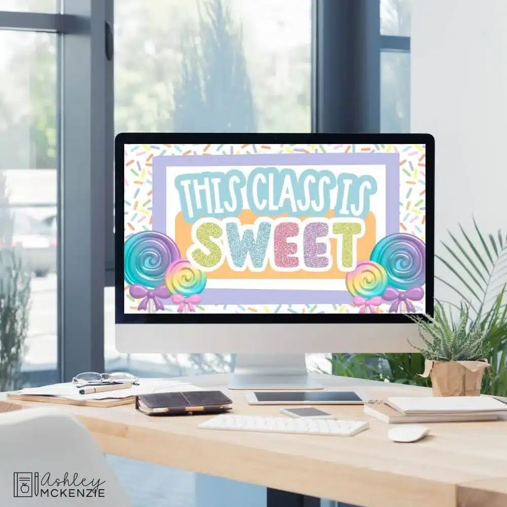 A classroom computer displaying pastel sweets themed Google Slides Templates