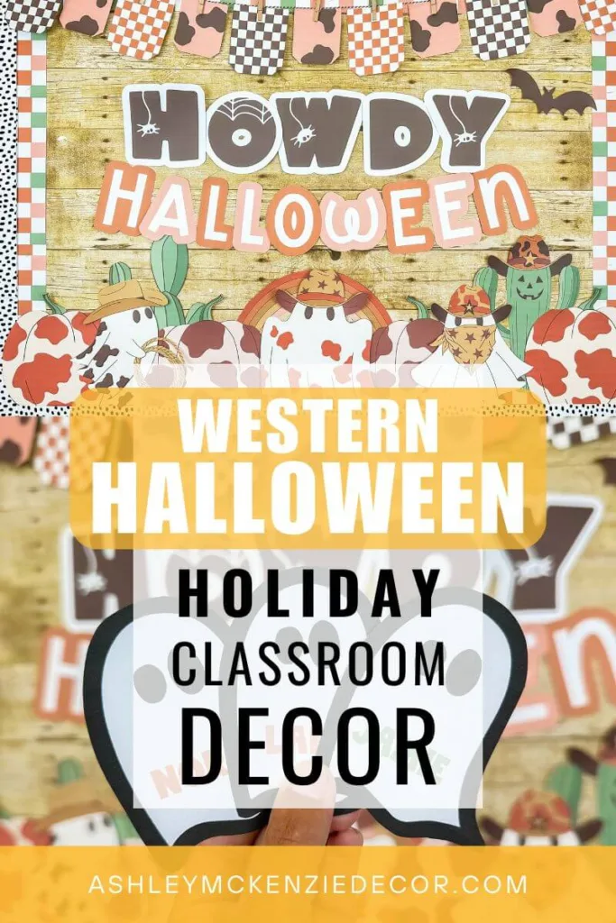 A western Halloween classroom decor theme is shown decorating classroom bulletin boards featuring ghosts with cowboy hats, cow print pumpkins, and little ghost cut outs with names printed on them.