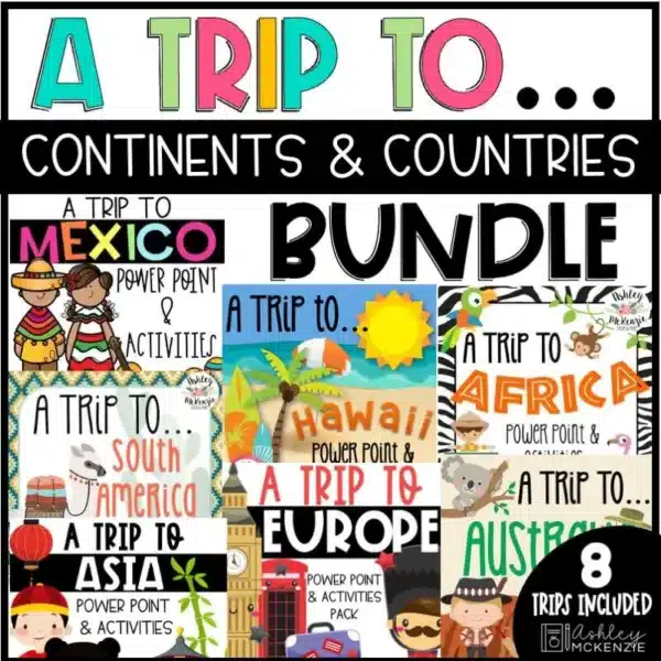 Continents and Countries Bundle, PowerPoint Lessons and Activities Pack | Virtual Class Field Trips