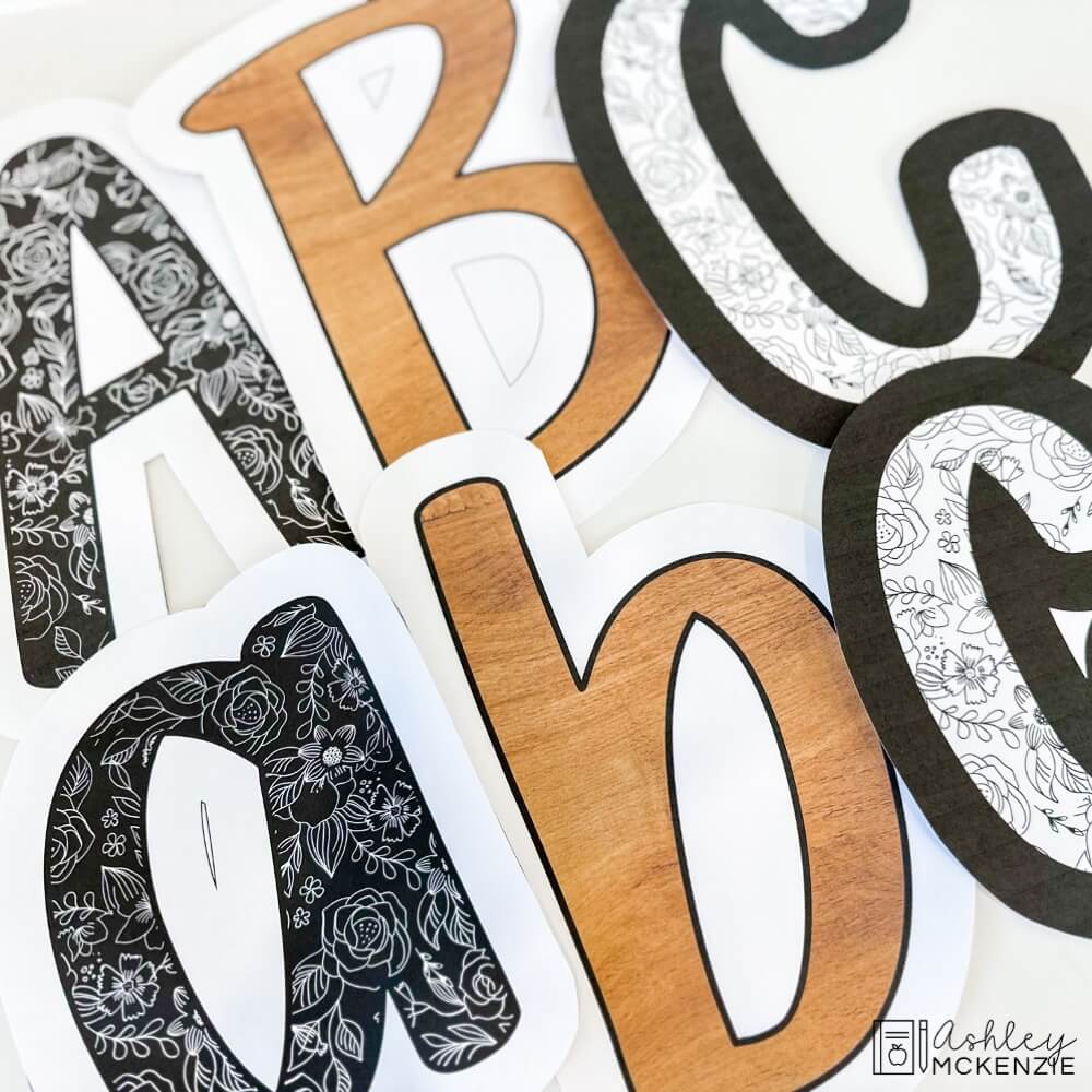 Large bulletin board letters in black and white designs featuring a primary friendly font style