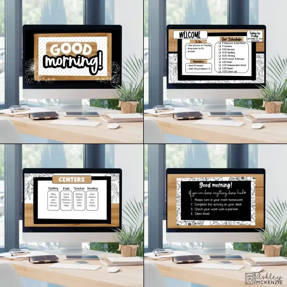 Google Slides templates are shown on classroom computers in a floral black and white design