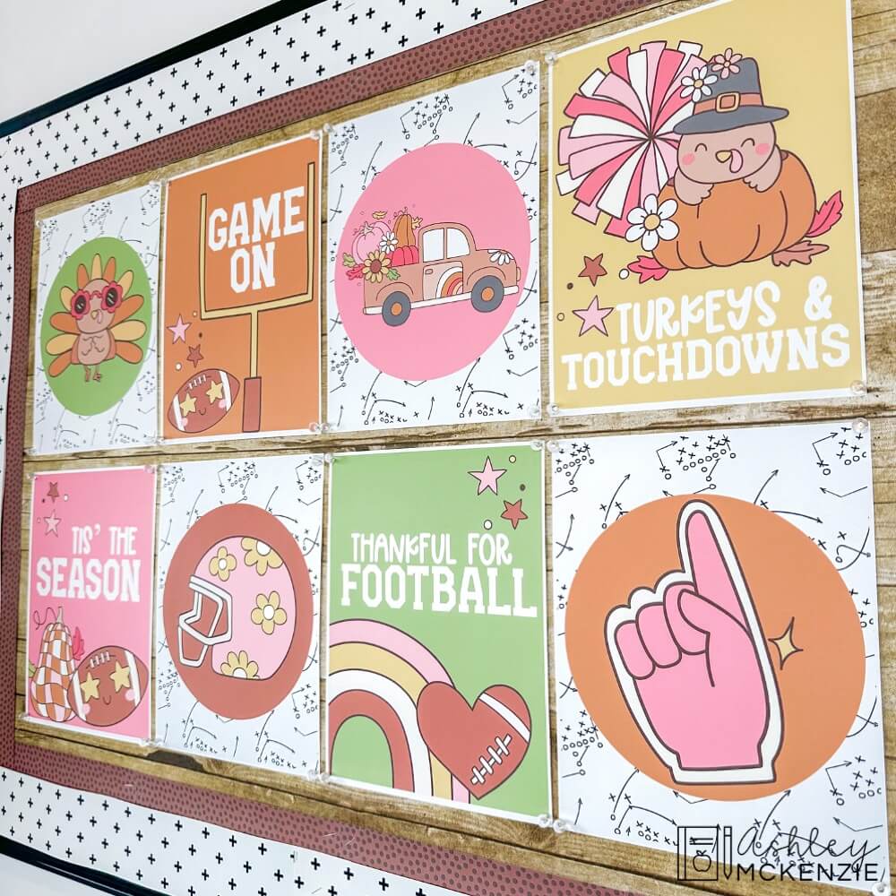 A classroom bulletin board is decorated with festive Thanksgiving classroom posters with a football theme