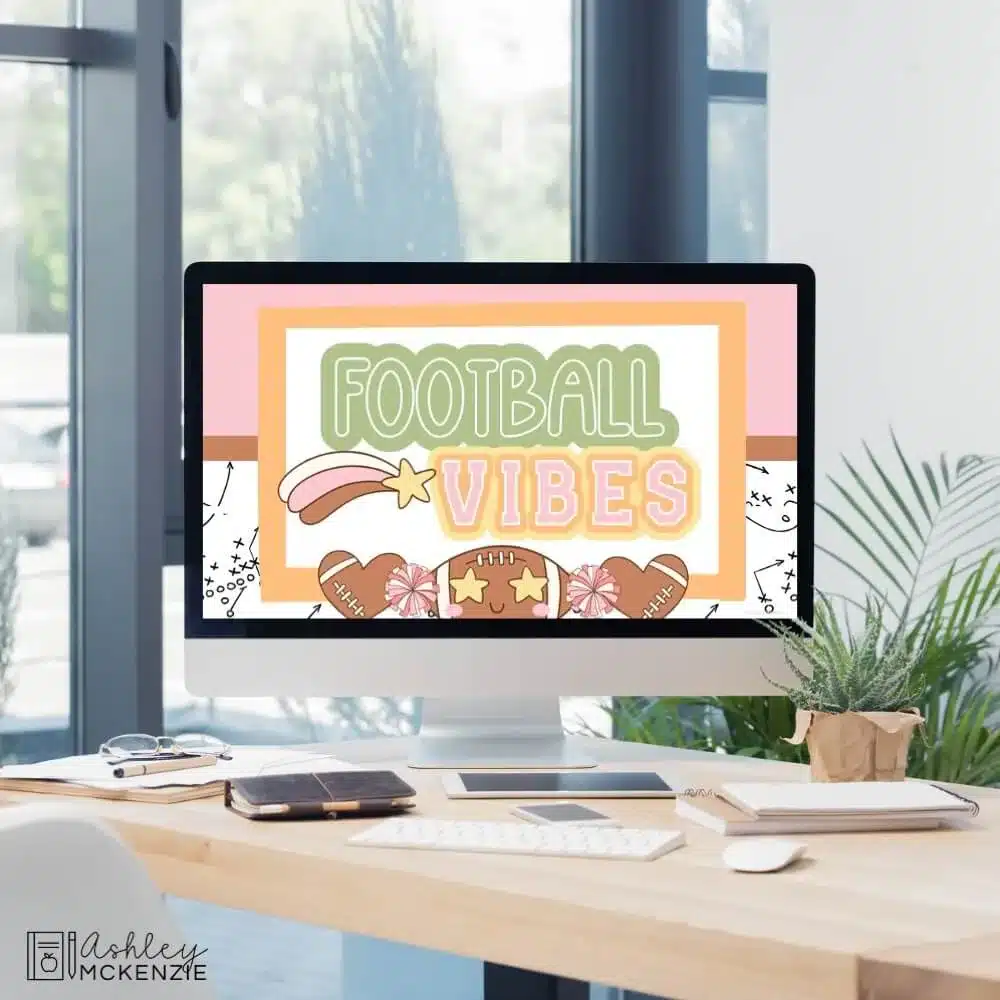 A classroom computer displaying Thanksgiving and Football themed Google Slides Templates, with the saying "Football Vibes"