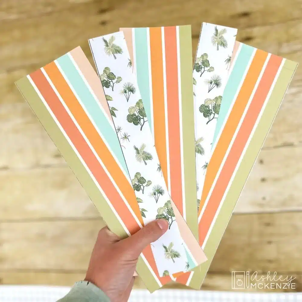 Cutouts of tropical beach themed classroom decor borders are held up in front of a classroom bulletin board