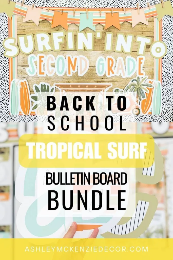 Back to school beach themed classroom decor that features a boho tropical beach vibe