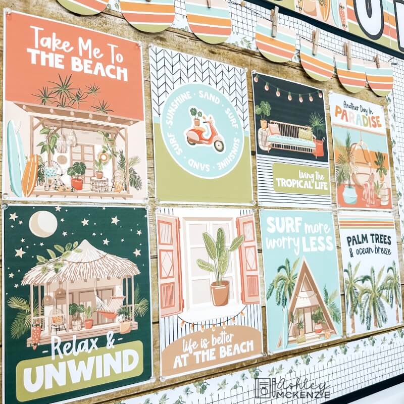 A bulletin board decorated with boho tropical beach themed classroom posters with inspirational sayings