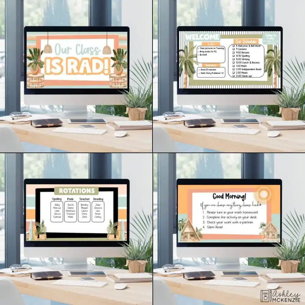 Beach themed google slides templates are shown on classroom computers displaying daily schedules, morning messages, and instructions