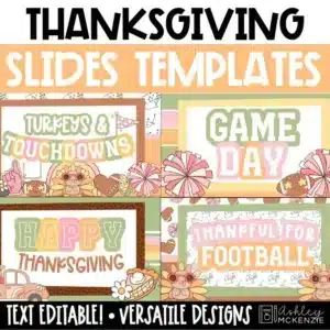 Thanksgiving google slides templates featuring football designs and turkeys