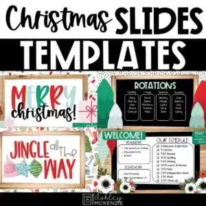 Christmas slide templates are shown in a variety of designs to use in the classrom