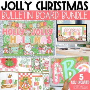 Christmas bulletin board decor bundle featuring google slides, classroom holiday posters, printable bulletin board letters, and a Christmas bulletin board kit display