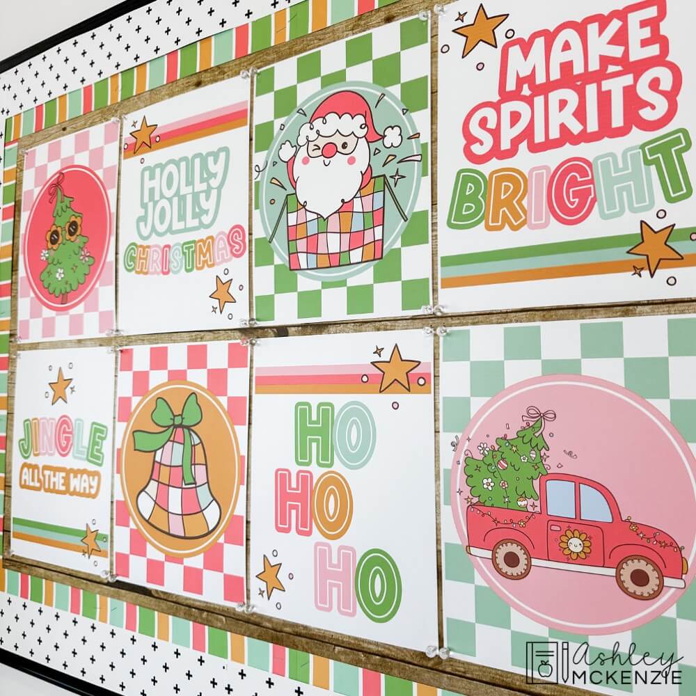 A Christmas bulletin board is decorated with brightly colored holiday posters in a classroom