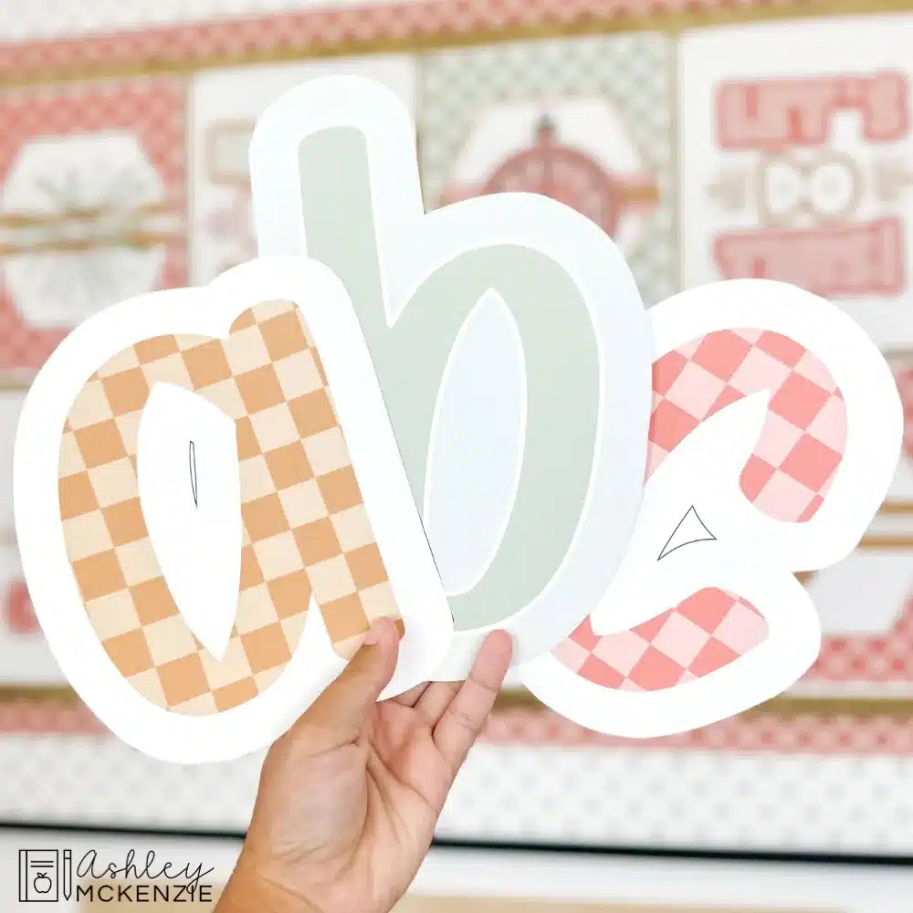 Lowercase bulletin board letters a, b, and c are shown in soft pastel colors and checkered prints.