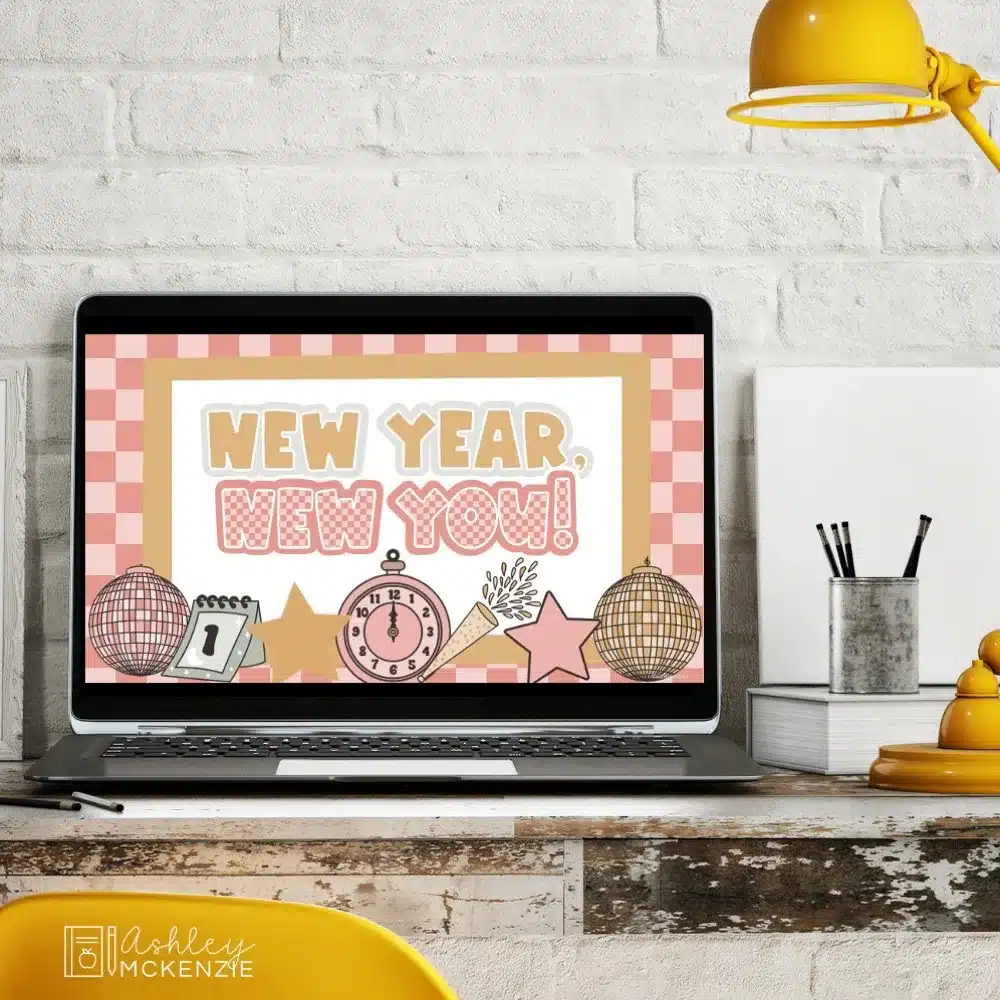 A laptop computer displays New Year themed Google Slides Templates with the saying "New Year, New You" shown.