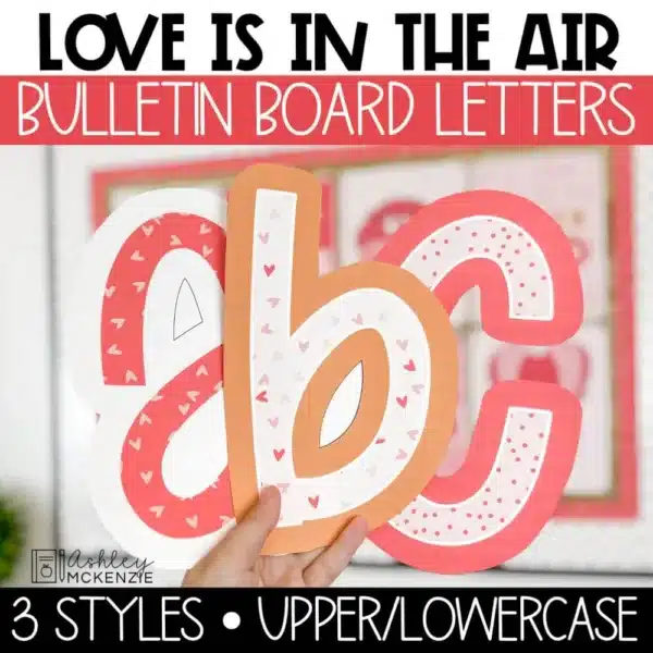 3 styles of Valentine's Day bulletin board letters in classic colors and fun heart prints