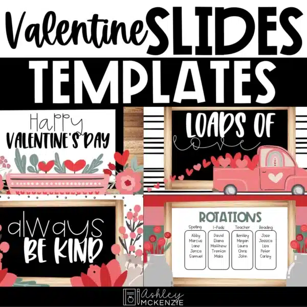 Valentine's Day slide templates for February morning slides featuring a red truck theme