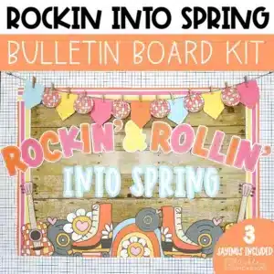 Rockin' into spring bulletin board display featuring rock 'n' roll motifs and bright colors