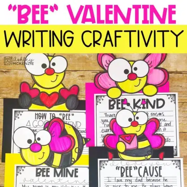 Valentine's Day writing activity with a bee theme and differentiated writing pages