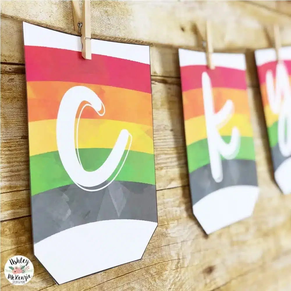 Colorful pennants to hang on a bulletin board that spell out the word "lucky"