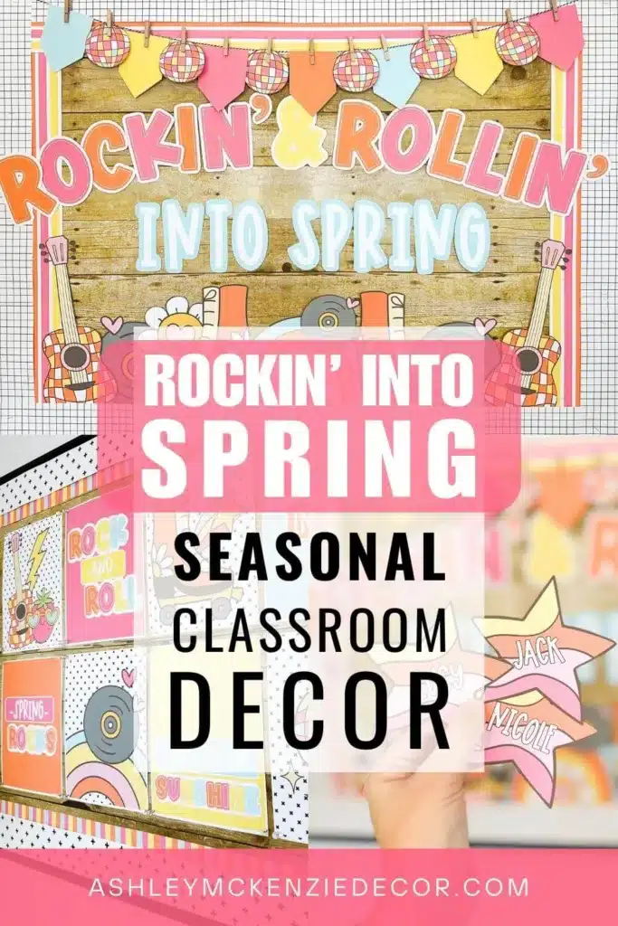 Rockin' into Spring bulletin board idea featuring bold colors, and rock'n roll design elements