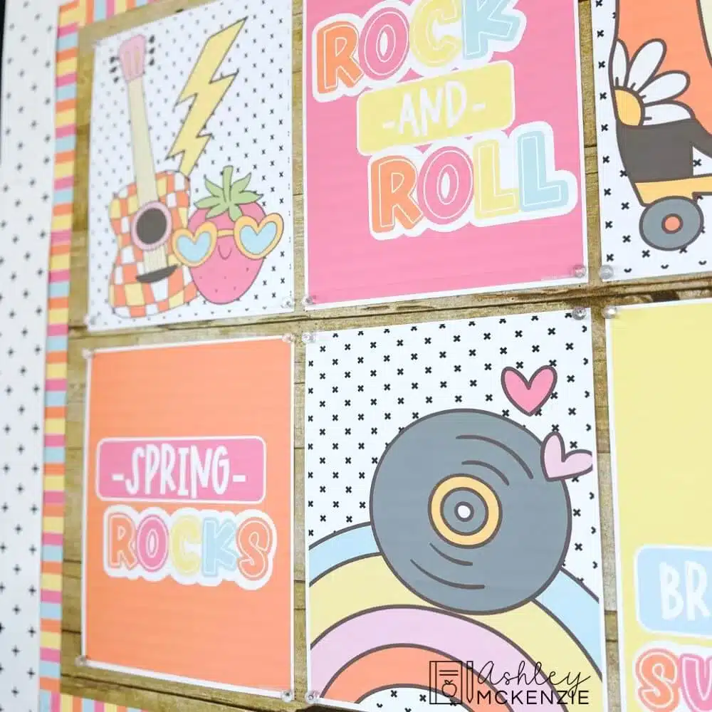 A closeup of a bulletin board decorated with spring themed posters