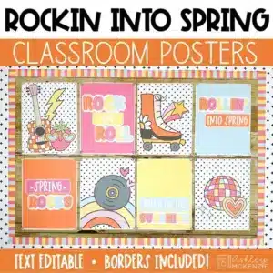 Rockin' spring posters with bold colors and fun rock 'n' roll themed motifs.