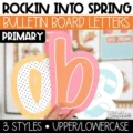 Spring bulletin board letters in a primary font with bold colors and fun patterns