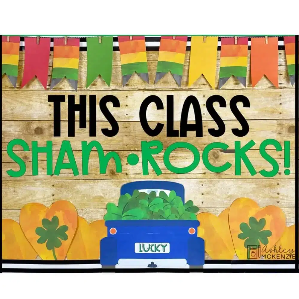 A St. Patrick's Day bulletin board idea featuring a blue truck and clovers