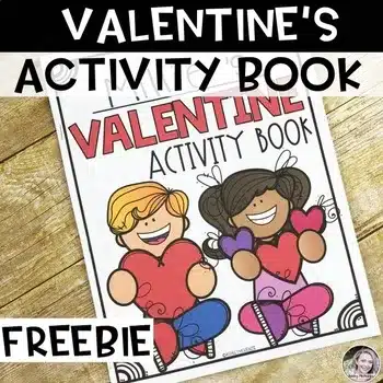 A free Valentine's Day activity book for elementary students is shown on a desk