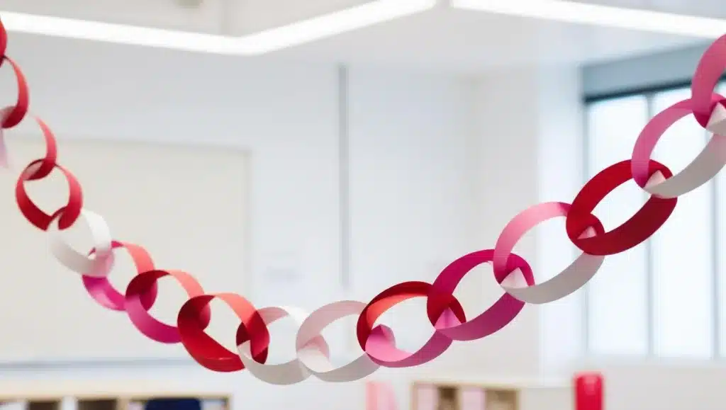 A Valentine paper chain made with red, white, and pink paper hung in a classroom