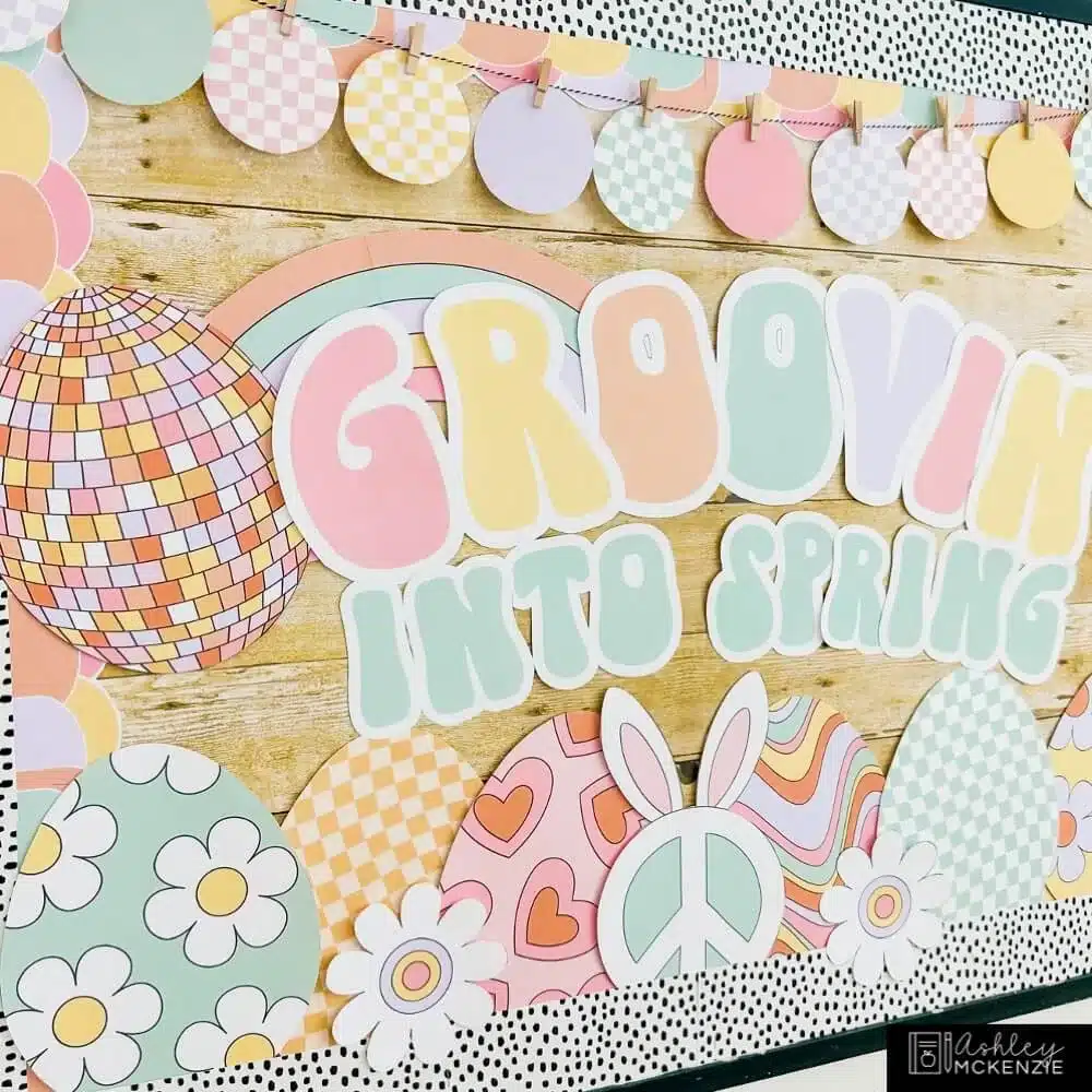 Retro spring bulletin board ideas with a pastel color palette and fun, season motifs in a retro style