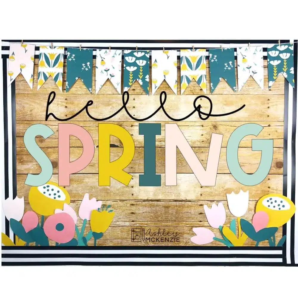 A vintage spring bulletin board featuring the saying "Hello Spring" 