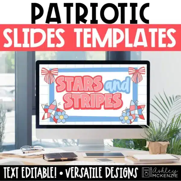 A classroom computer showing patriotic google slides templates featuring 4th of July themed designs