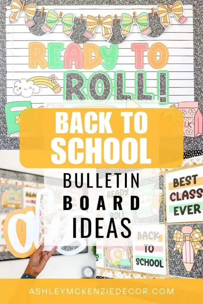 Back to school bulletin board ideas featuring a ready to roll theme with school buses and school supplies