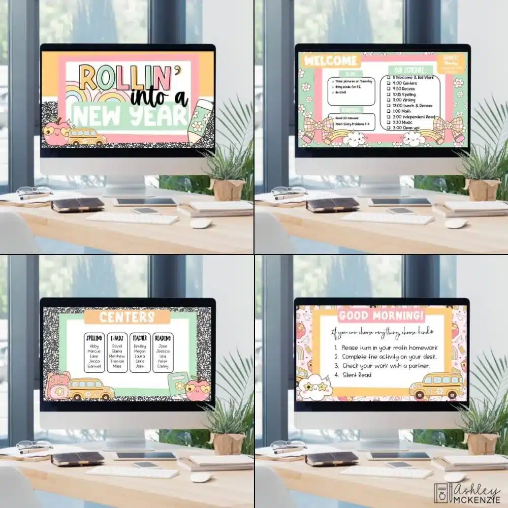 Multiple computer screens showing a variety of coordinating Google Slides template designs used in a classroom to display routines, morning messages, and greetings.