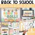 Back to school bulletin board bundle featuring decor, posters, letters, and slides templates.