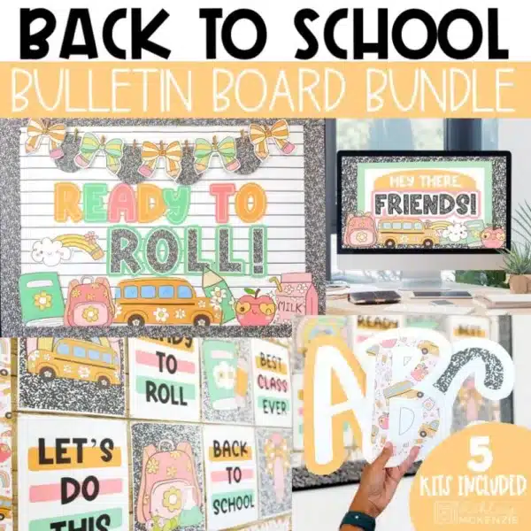 Back to school bulletin board bundle featuring decor, posters, letters, and slides templates.
