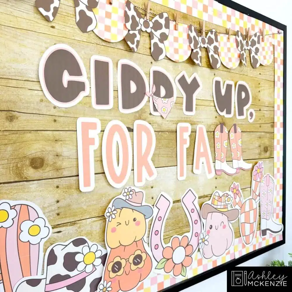 Fall bulletin board ideas featuring Western-themed designs with the saying "Giddy Up For Fall"