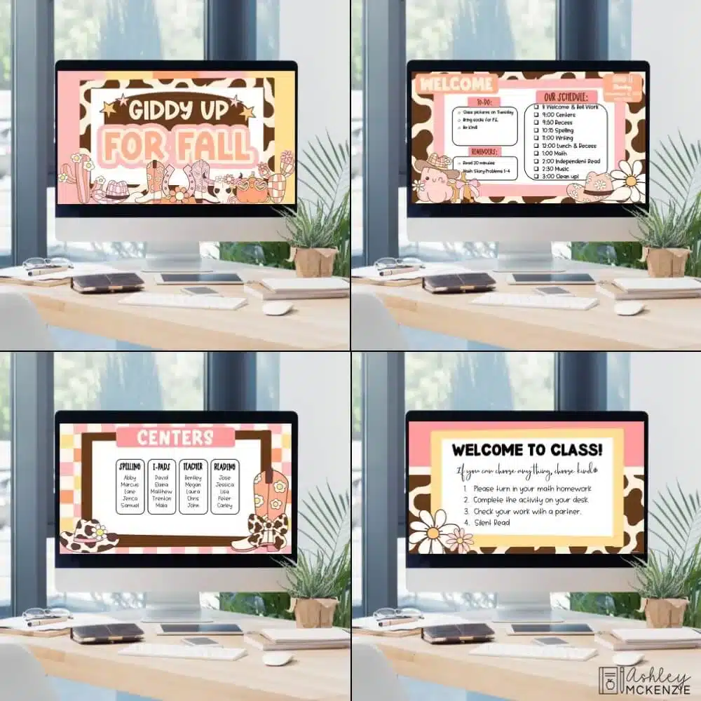 Classroom computers are shown with fall Google Slides templates featuring a Western theme.