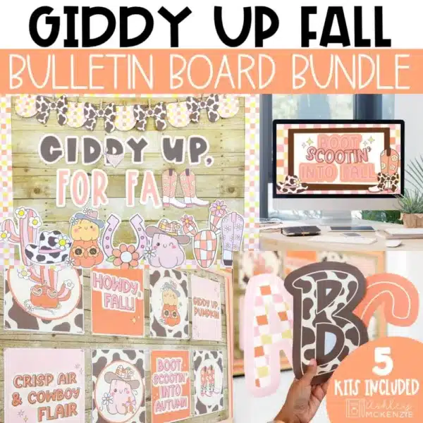 Giddy up for fall bulletin board bundle with matching posters, letters, and slides in a playful Western theme