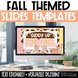 A classroom computer shows fall slide templates featuring a playful western theme